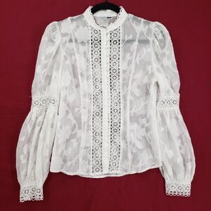 Fashion Nova Blouse Womens XS White Sheer Lace Mock Neck Long Sleeve Floral
